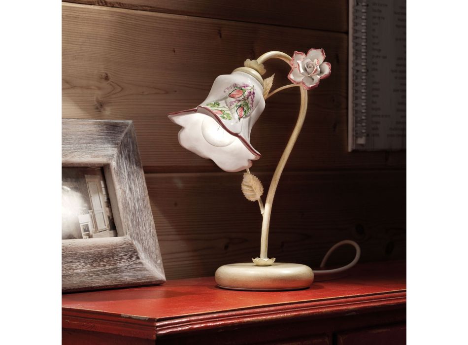 Lampe de Table en Métal et Céramique Décorée à la Main avec Rose - Pisa Viadurini