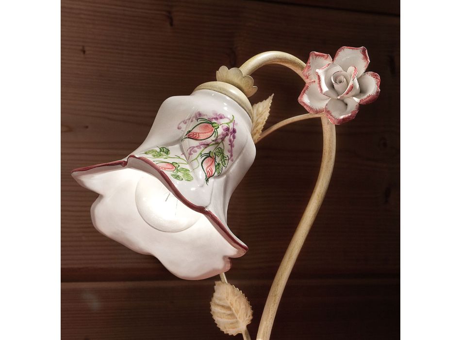 Lampe de Table en Métal et Céramique Décorée à la Main avec Rose - Pisa Viadurini