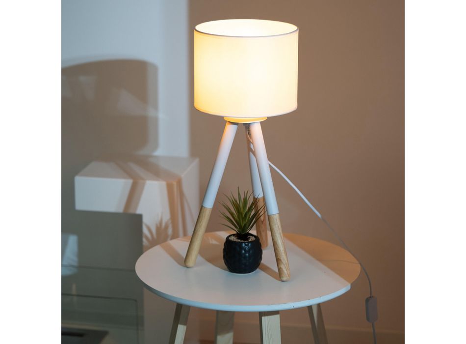 Lampe de table en toile blanche avec structure en métal et bois - Fiona Viadurini