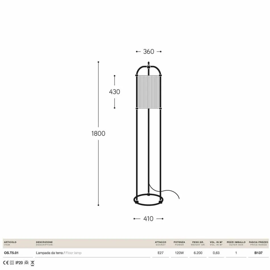 Lampadaire en laiton et le tissu Hua Hika Viadurini