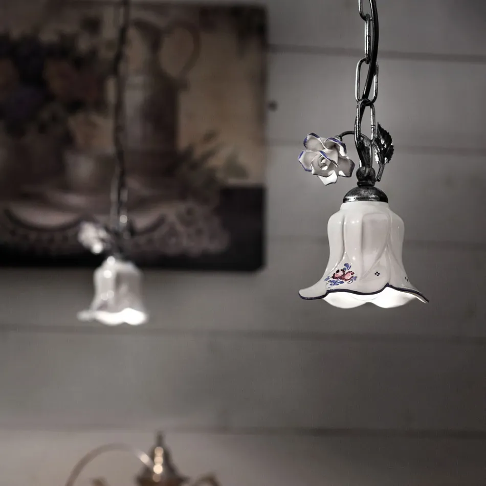 Lampe à Suspension en Métal et Céramique Décorée à la Main avec Rose - Pisa Viadurini