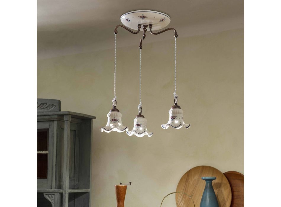 Lampe Suspendue 3 Lumières en Fer et Céramique Vintage Peinte à la Main - Chieti Viadurini