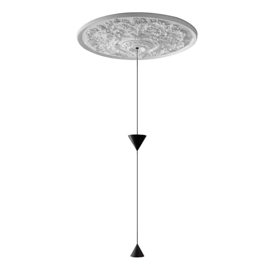 Lampe Suspendue Design en Plâtre Blanc et Aluminium Noir 2 Cônes - Tesera Viadurini