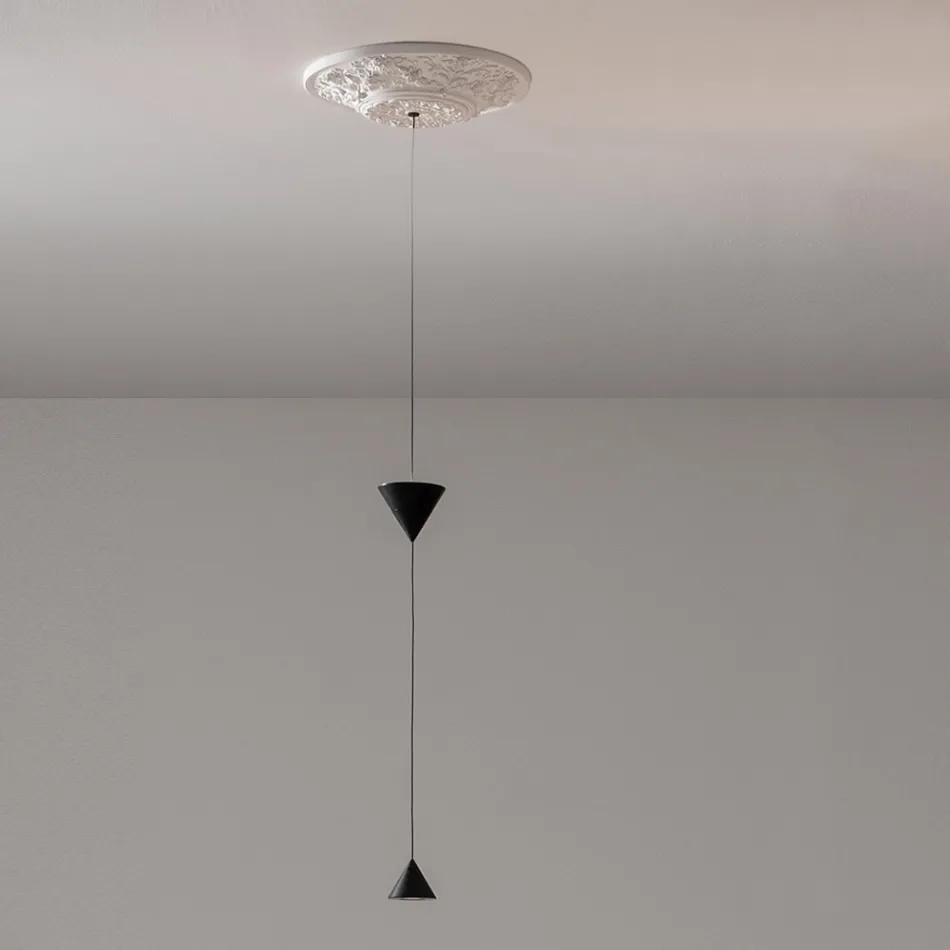 Lampe Suspendue Design en Plâtre Blanc et Aluminium Noir 2 Cônes - Tesera Viadurini