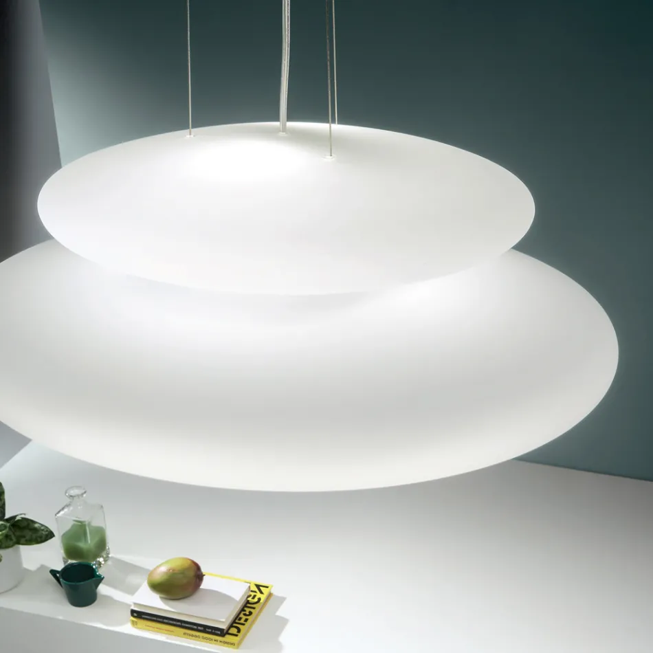 Lampe Suspendue en Verre Soufflé Blanc et Métal Chromé - Illumina Viadurini