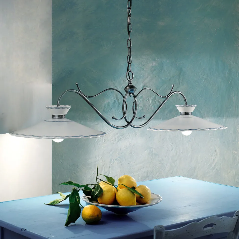 Lampe Suspendue Linéaire 2 Lumières Céramique Effet Broderie Artisanale - Ravenne Viadurini