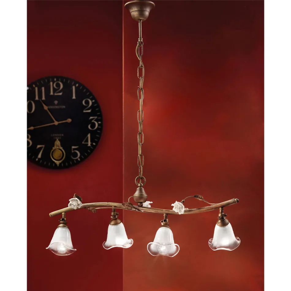 Lampe à Suspension Linéaire 4 Lumières en Fer, Verre et Céramique Roses - Sienne Viadurini