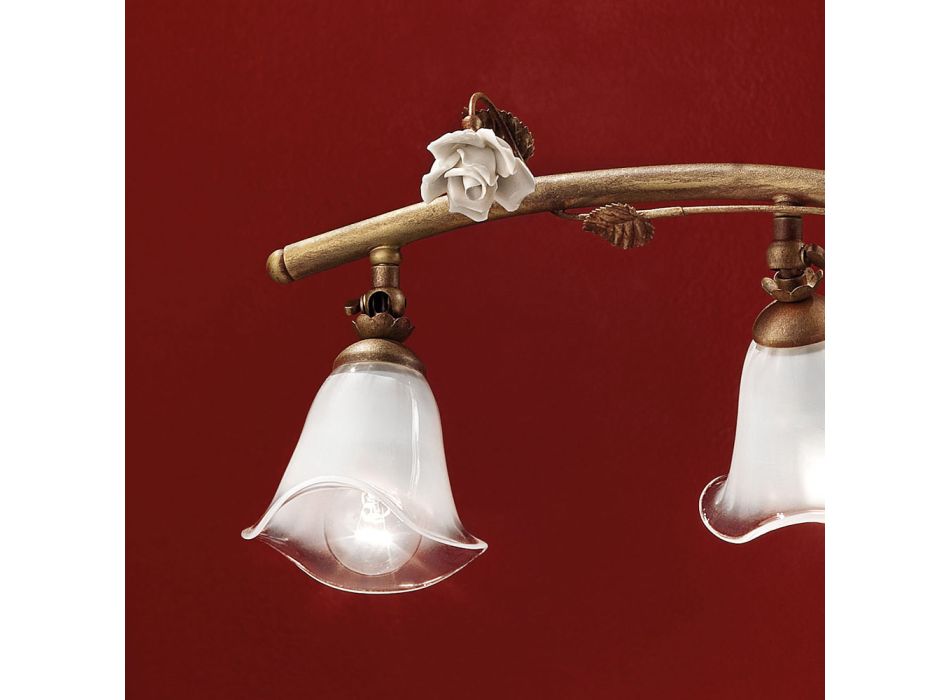 Lampe à Suspension Linéaire 4 Lumières en Fer, Verre et Céramique Roses - Sienne Viadurini
