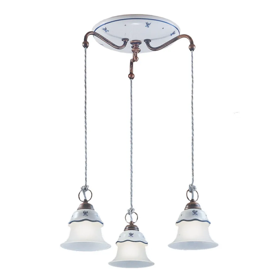 Lampe suspendue ronde en fer, verre, céramique peinte à la main - Ferrara Viadurini