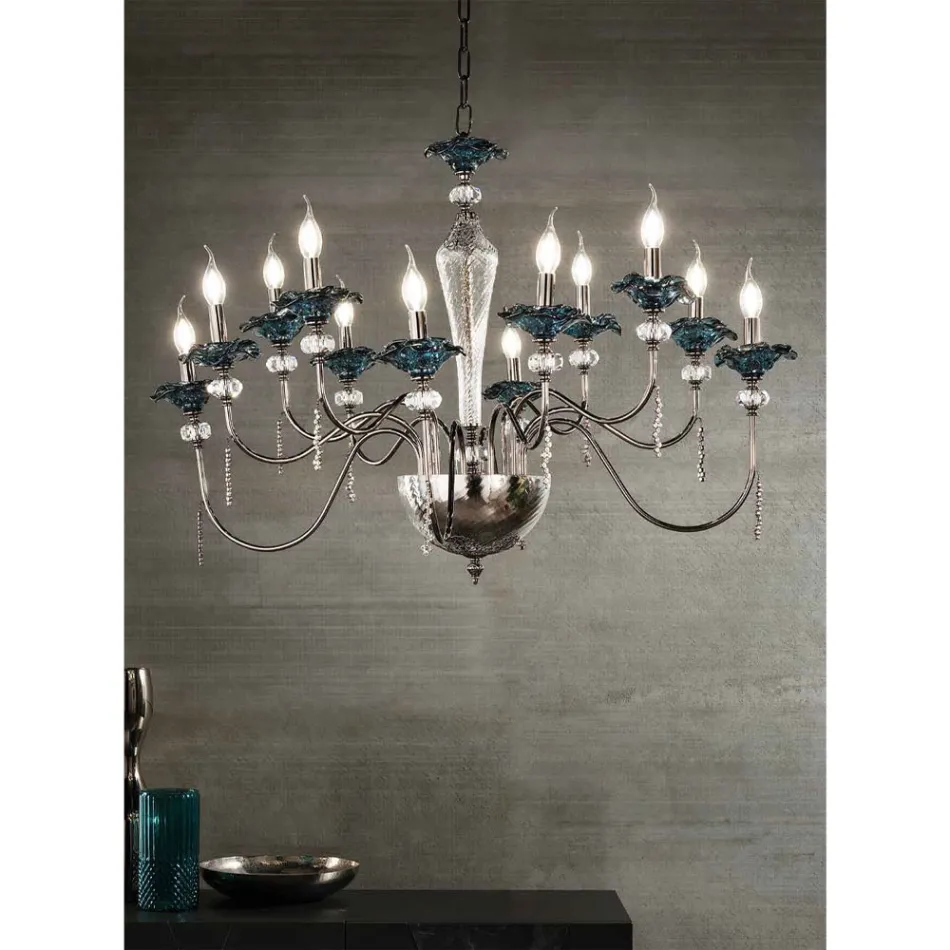 Lustre classique à 12 lumières en verre, cristal et métal de luxe - Flandre Viadurini
