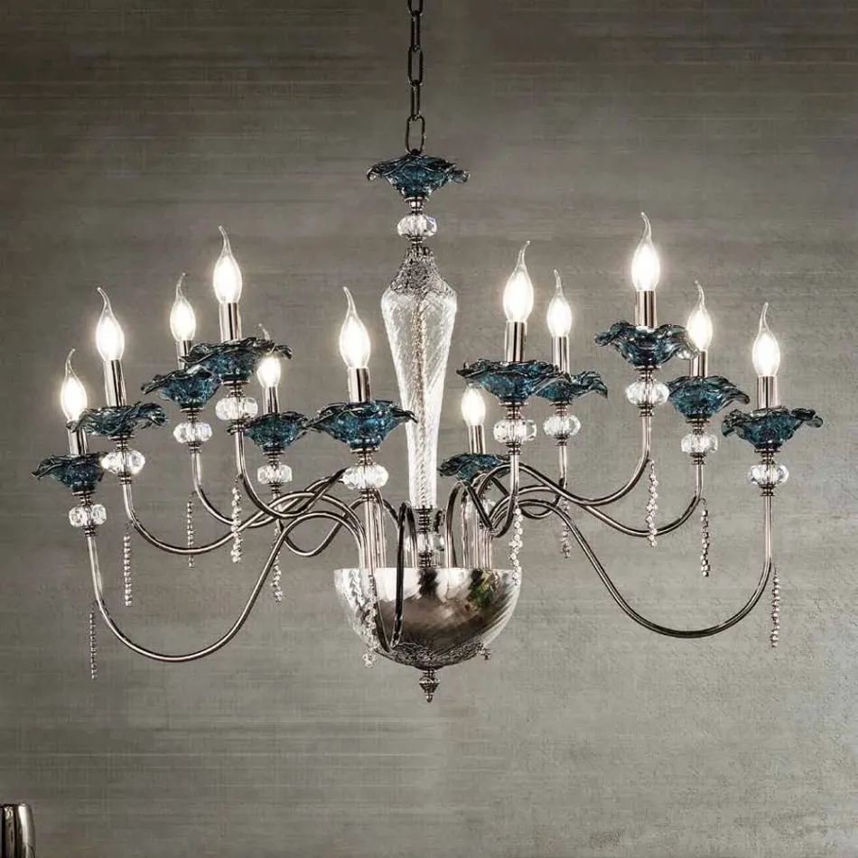 Lustre classique à 12 lumières en verre, cristal et métal de luxe - Flandre Viadurini