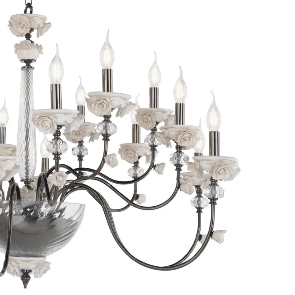 Lustre Classique 18 Lumières en Porcelaine et Verre Soufflé de Luxe - Eteria Viadurini