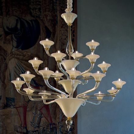 Lustre 21 Lumières en Verre de Venise et Métal Doré Made in Italy - Ismail Viadurini