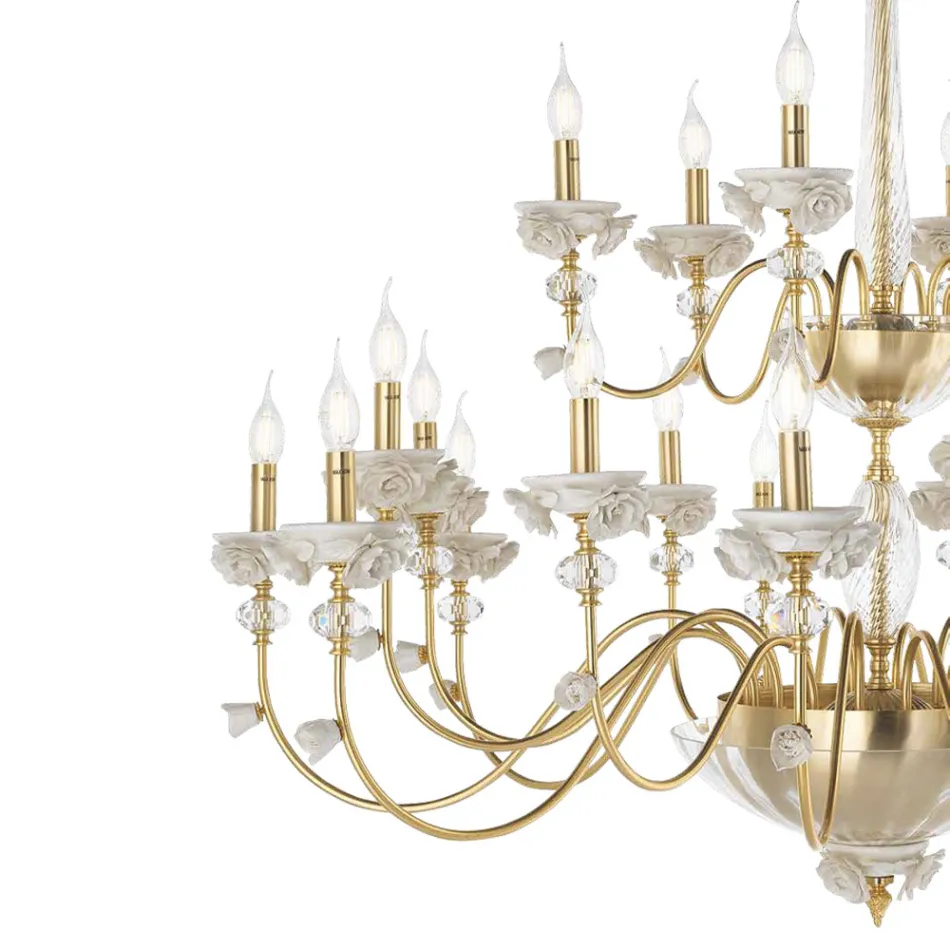 Lustre Classique 24 Lumières en Porcelaine et Verre Soufflé de Luxe - Eteria Viadurini
