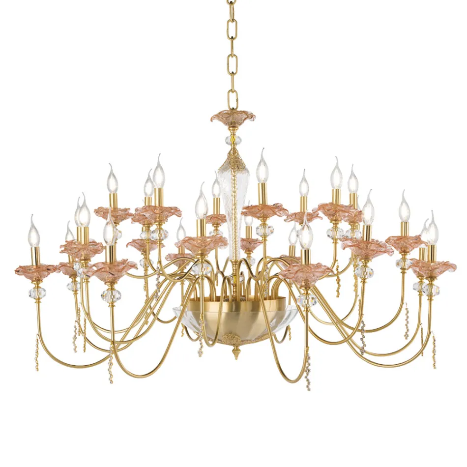 Lustre Classique 24 Lumières en Verre, Cristal et Métal de Luxe - Flandre Viadurini