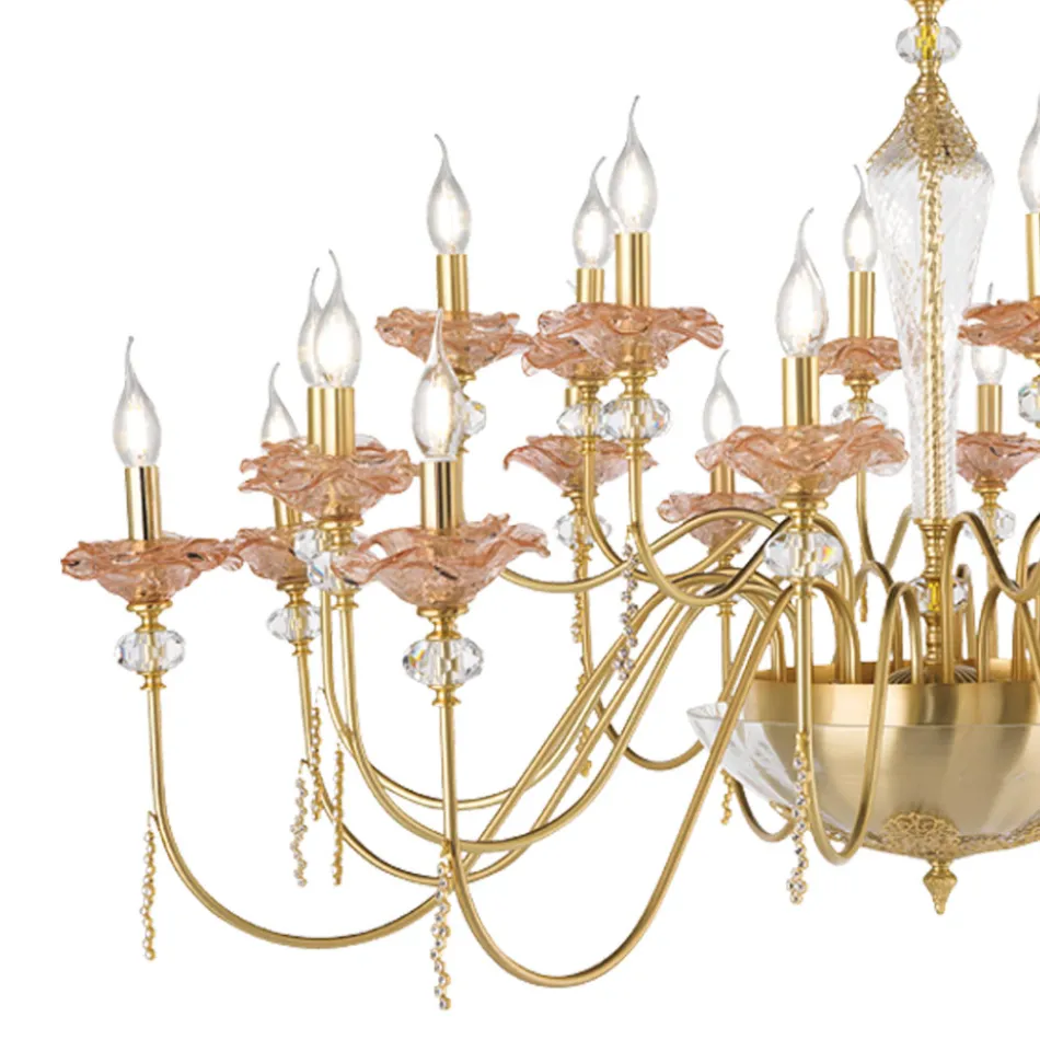 Lustre Classique 24 Lumières en Verre, Cristal et Métal de Luxe - Flandre Viadurini