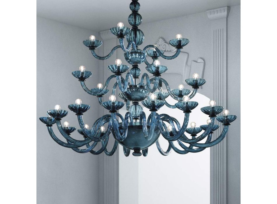 Lustre artisanal 28 lumières en verre vénitien bleu et métal - Foscarino Viadurini