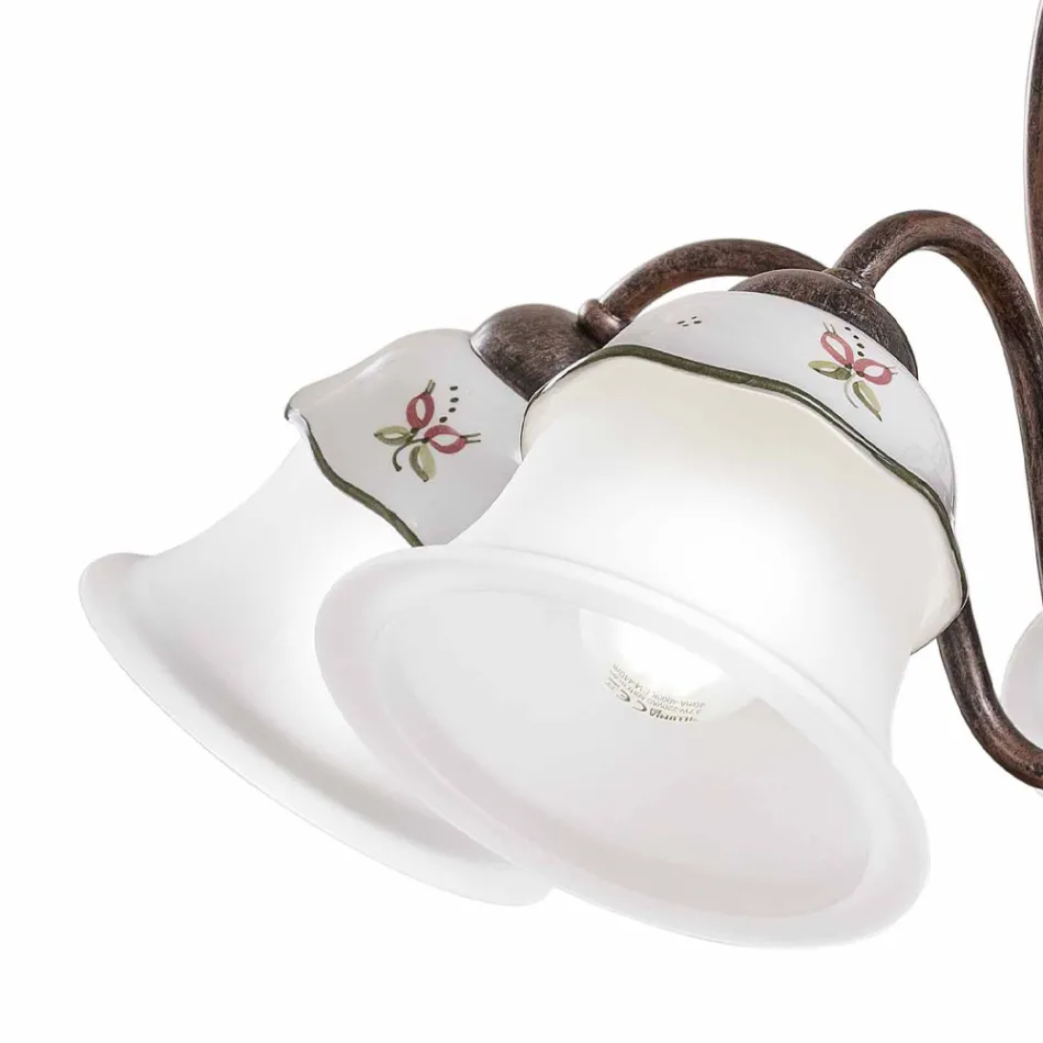 Lustre 3 ou 5 lumières en fer, céramique peinte à la main et verre - Ferrara Viadurini