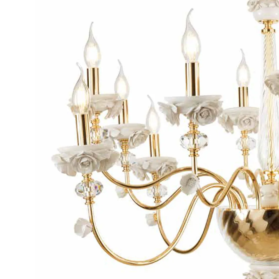 Lustre Classique 30 Lumières en Porcelaine et Verre Soufflé de Luxe - Eteria Viadurini