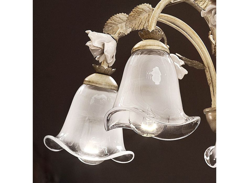 Lustre 5 lumières en fer et verre sablé avec roses en céramique - Sienne Viadurini