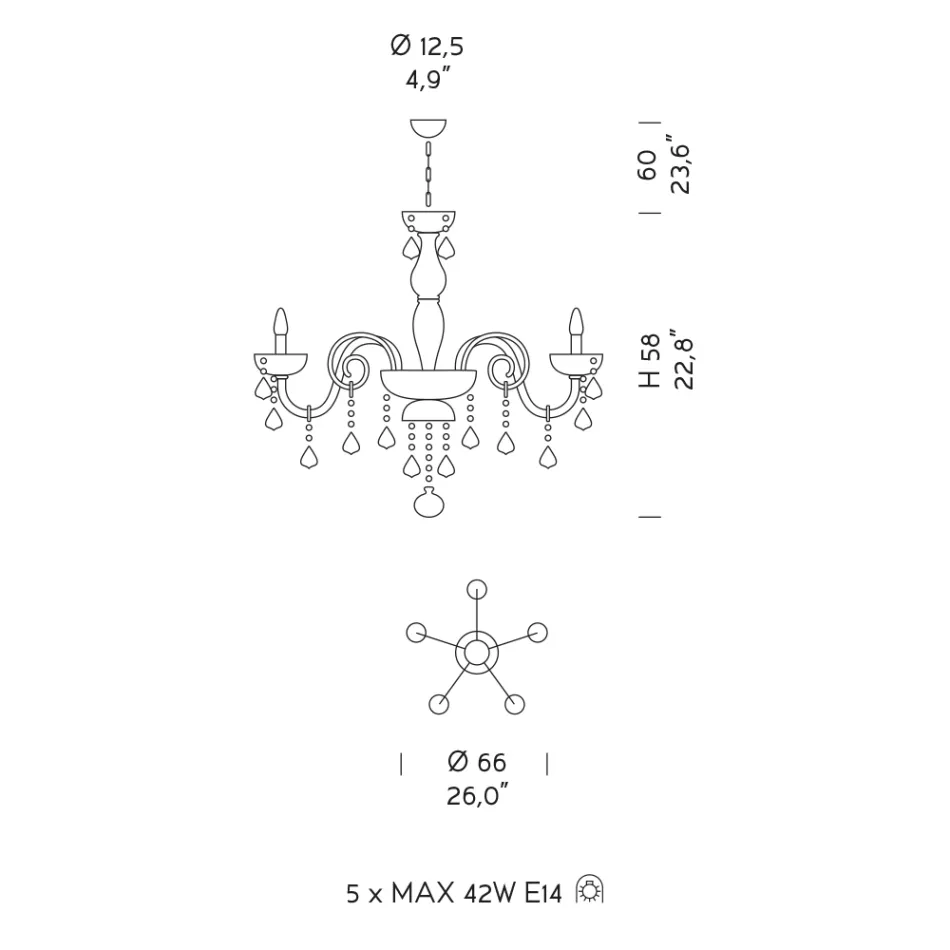 Lustre à 5 Lumières en Verre Vénitien et Métal Classique - Style Florentin Viadurini