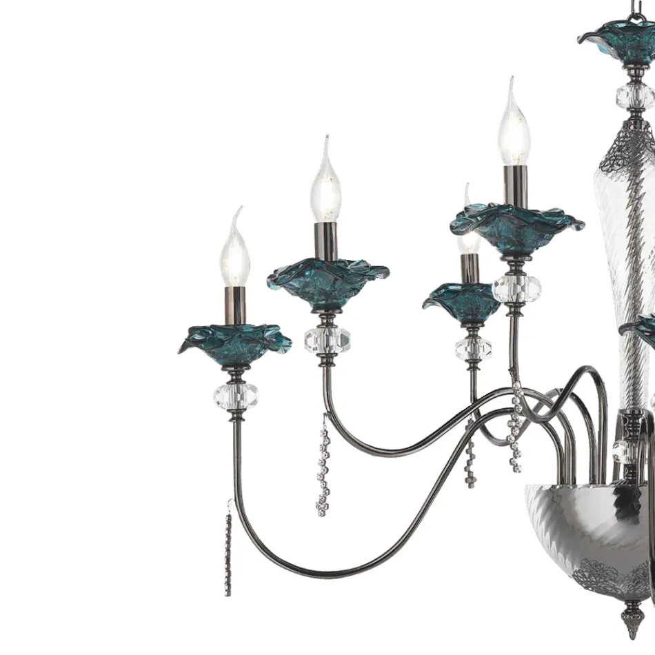 Lustre classique à 8 lumières en verre, cristal et métal de luxe - Flandre Viadurini