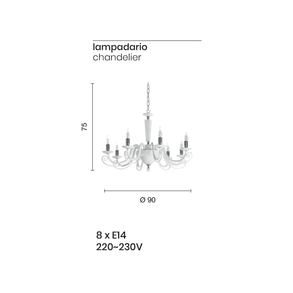 Lustre classique à 8 lumières en verre et cristal artisanal italien - Malaisie Viadurini