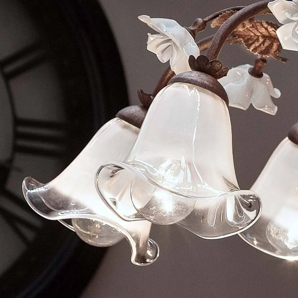 Lustre 8 Lumières en Fer et Verre Sablé avec Roses en Céramique - Sienne Viadurini