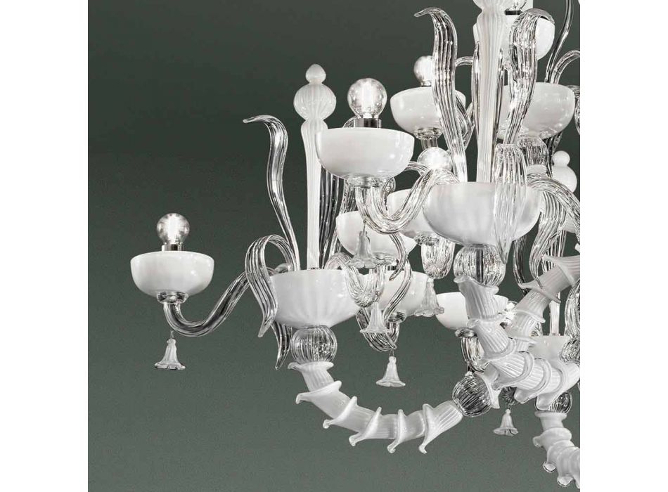 Lustre avec 27 lumières en verre de Venise blanc, fait à la main en Italie - Regina Viadurini