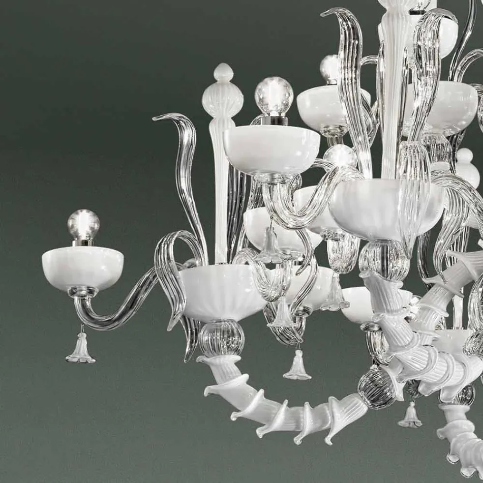 Lustre avec 27 lumières en verre de Venise blanc, fait à la main en Italie - Regina Viadurini