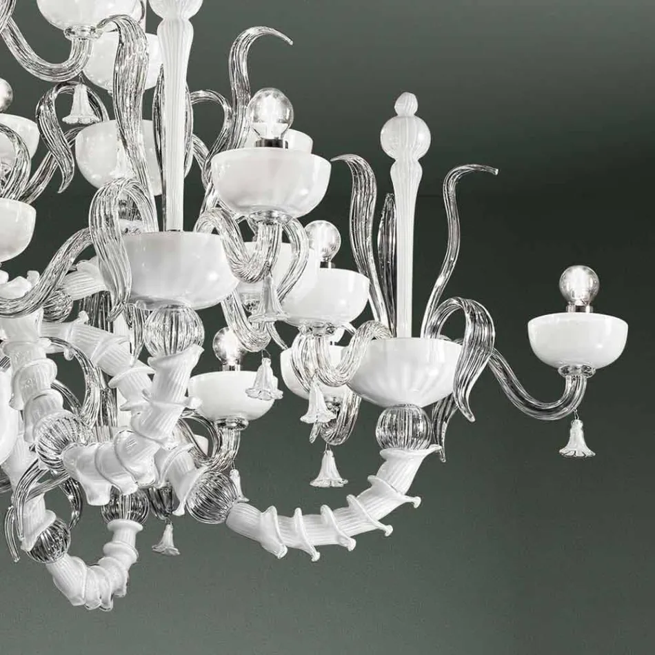 Lustre avec 27 lumières en verre de Venise blanc, fait à la main en Italie - Regina Viadurini