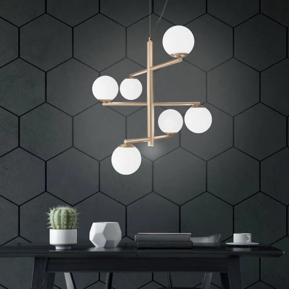 Lustre 6 Lumières en Métal Peint avec Diffuseurs en Verre - Lido Viadurini