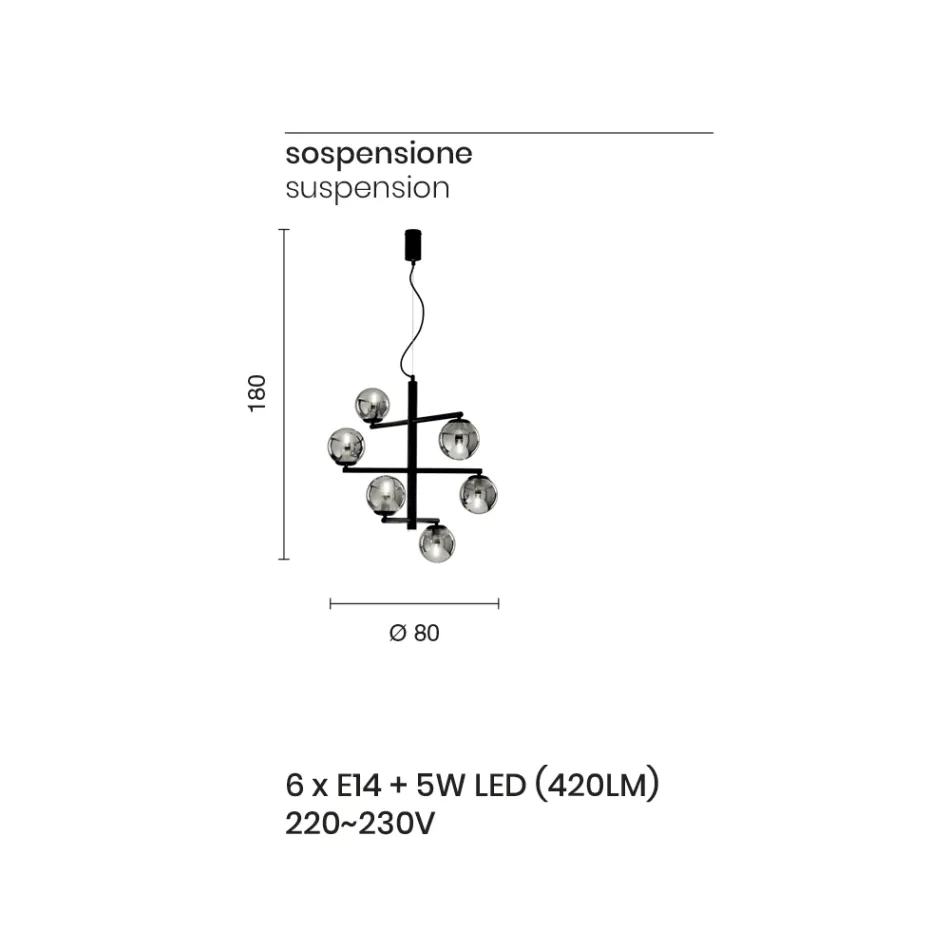 Lustre 6 Lumières en Métal Peint avec Diffuseurs en Verre - Lido Viadurini
