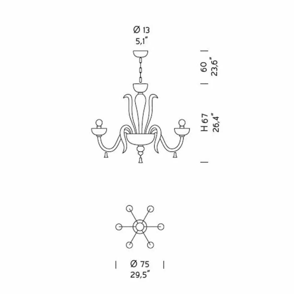 Lustre en verre vénitien à 6 lumières, fait à la main en Italie - Regina Viadurini