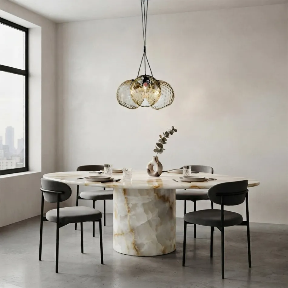 Lustre Lucilla à trois lumières en verre soufflé vénitien, fabriqué en Italie. Viadurini