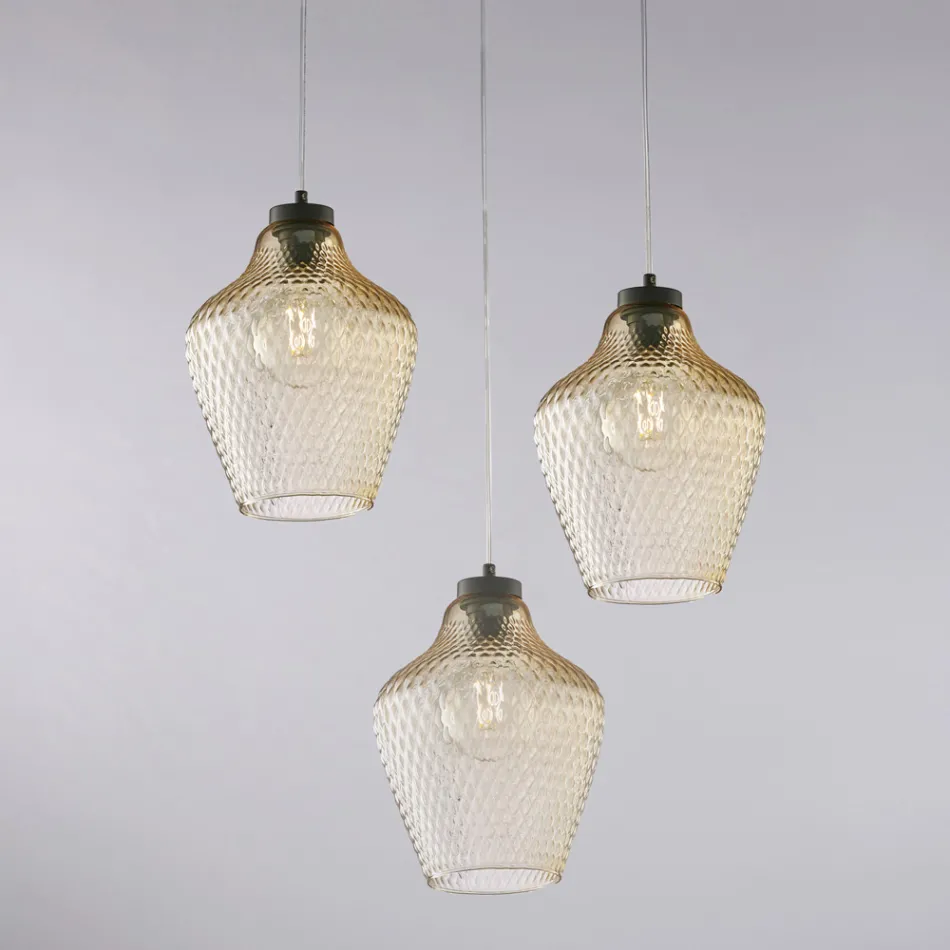 Suspension Alnitak à 3 lumières en verre noir et métal Viadurini