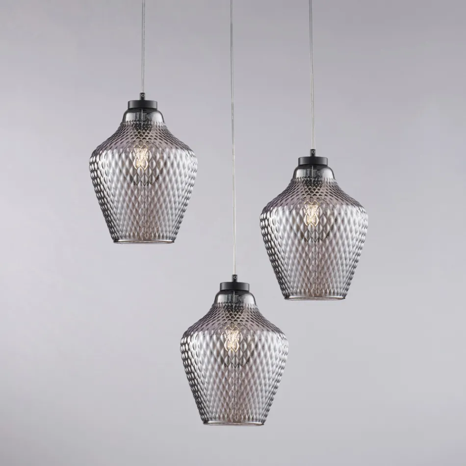 Suspension Alnitak à 3 lumières en verre noir et métal Viadurini