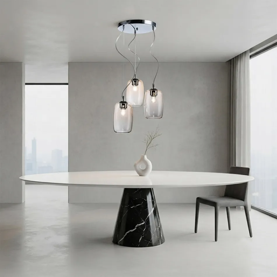 Lustre à trois lumières avec barre circulaire en verre soufflé, fabriqué en Italie - Soffio Viadurini