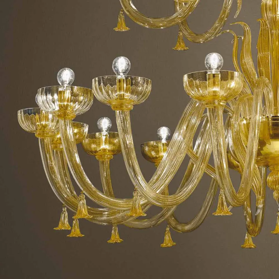 Lustre artisanal avec 28 lumières en verre vénitien et or fabriqué en Italie - Regina Viadurini