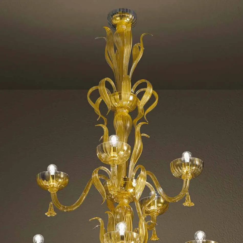 Lustre artisanal avec 28 lumières en verre vénitien et or fabriqué en Italie - Regina Viadurini