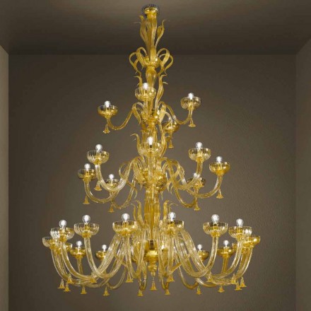 Lustre artisanal avec 28 lumières en verre vénitien et or fabriqué en Italie - Regina Viadurini
