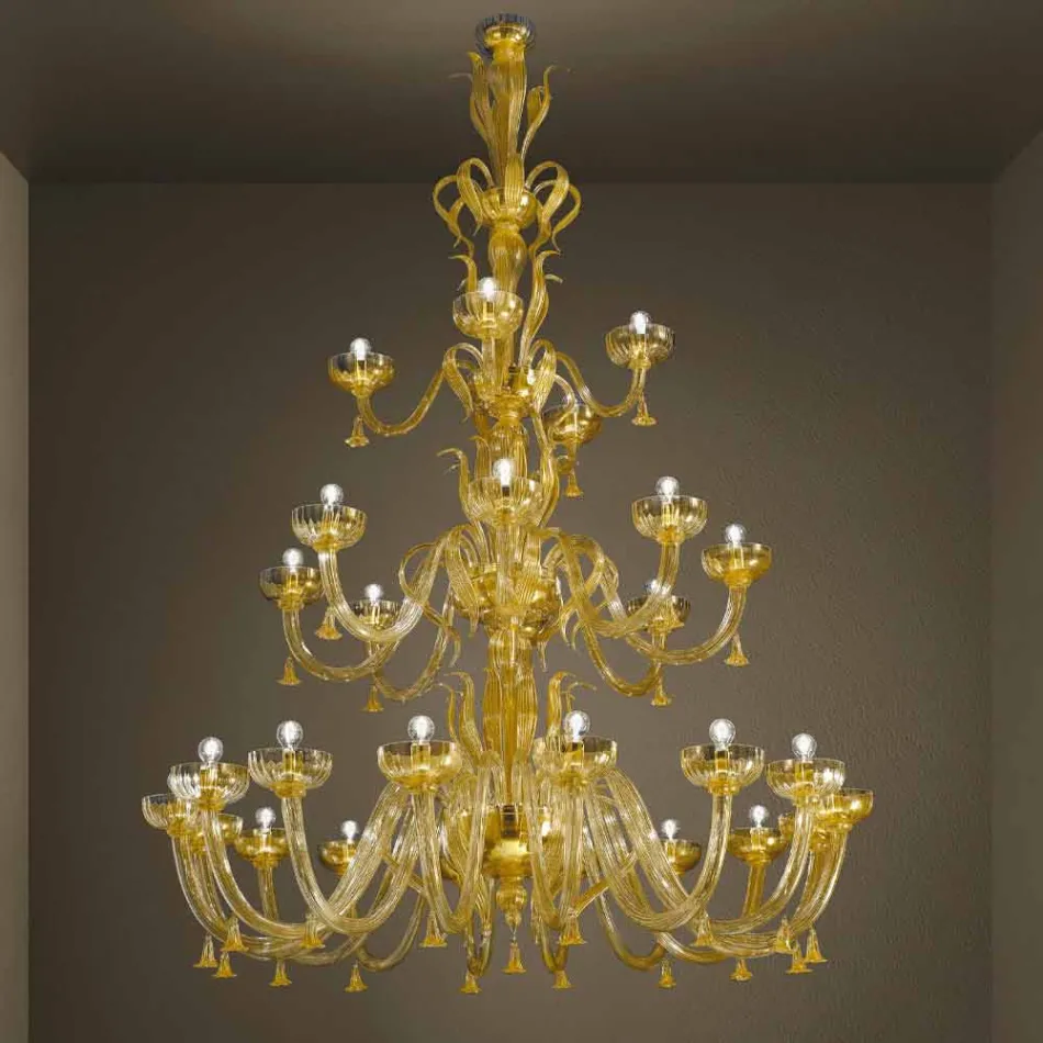 Lustre artisanal avec 28 lumières en verre vénitien et or fabriqué en Italie - Regina Viadurini