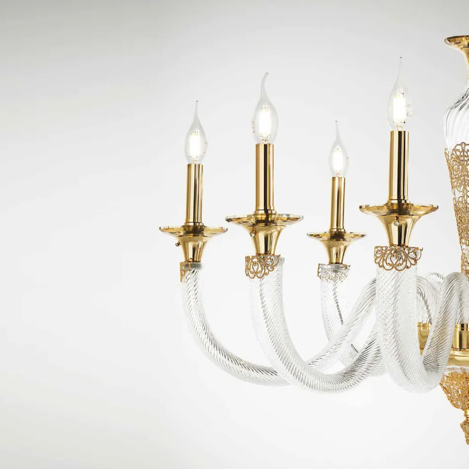 Lustre Classique 12 Lumières en Verre et Cristaux Artisanal - Magrena Viadurini