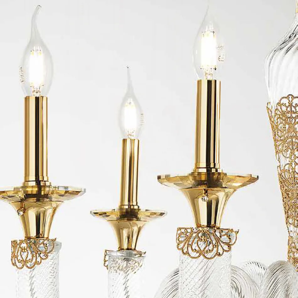 Lustre Classique 12 Lumières en Verre et Cristaux Artisanal - Magrena Viadurini