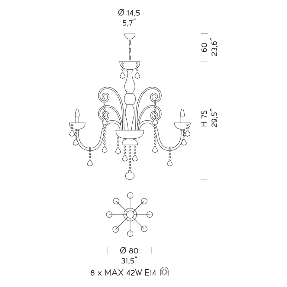Lustre Classique 8 Lumières en Verre Vénitien Fabriqué en Italie - Florentin Viadurini