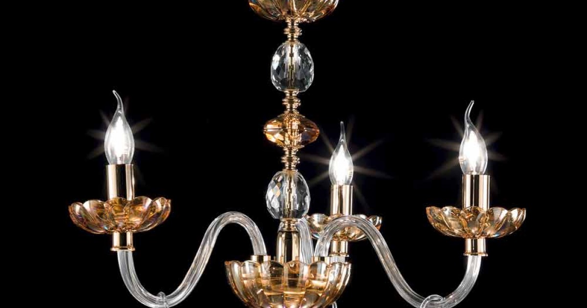ONLI Lustre 3 lumières en métal ivoire dépoli or avec callas en verre satiné dégradé ambre