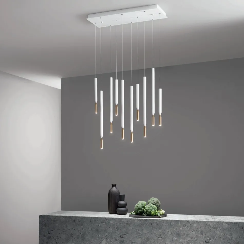 Lustre à 10 lumières LED en métal peint et câbles réglables - Mélèze Viadurini
