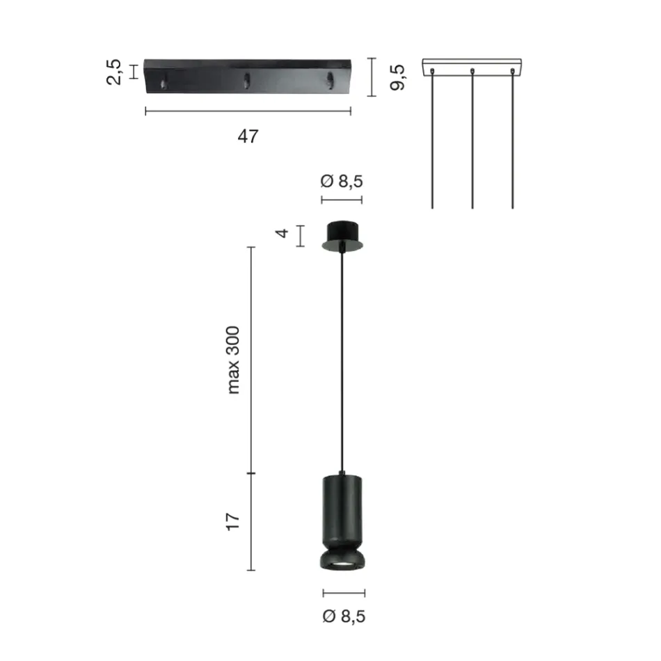Lustre à 3 LED en aluminium thermolaqué et câble réglable - Buxus Viadurini