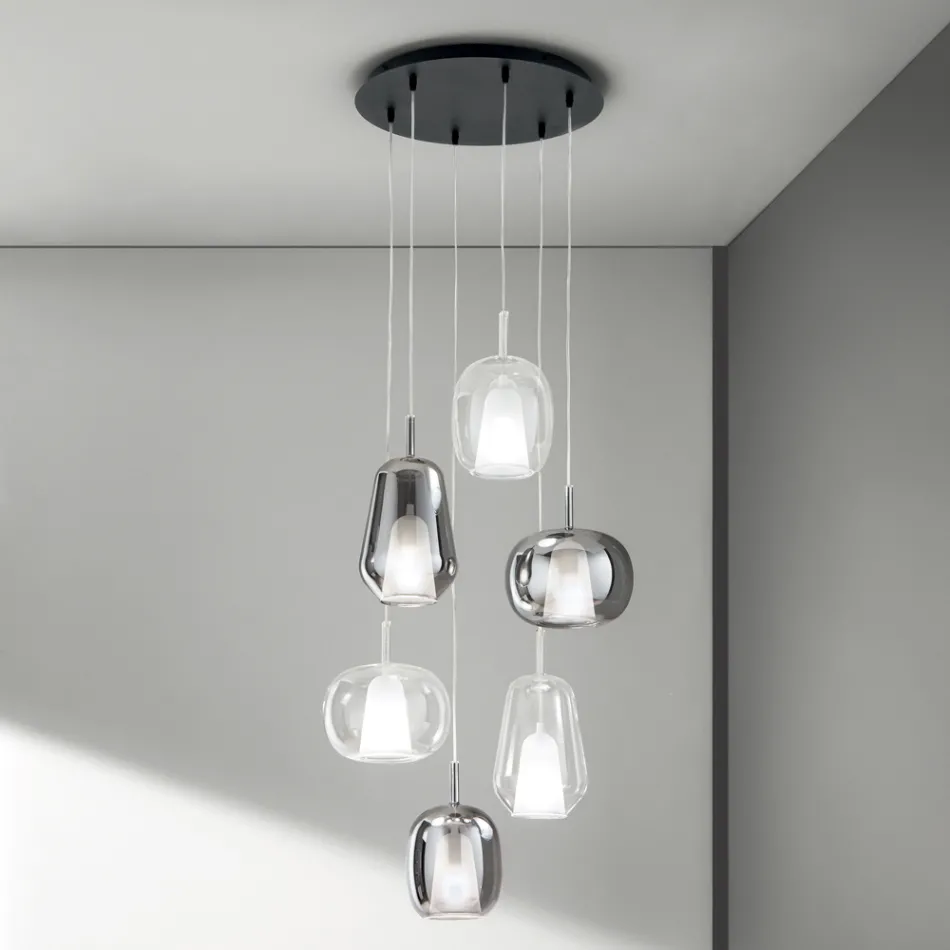 Lustre avec 6 diffuseurs en verre fumé et transparent Fabriqué en Italie - Trilly Viadurini