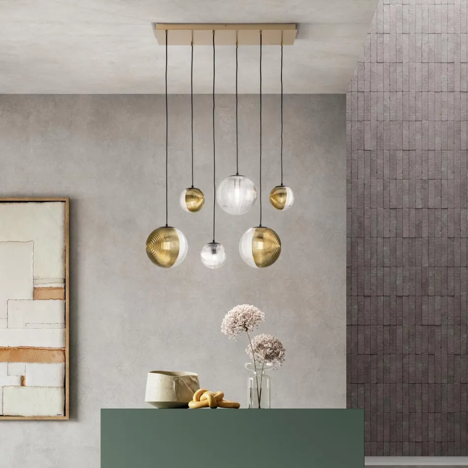 Lustre à 6 lumières en verre soufflé en forme de sphère fabriqué en Italie - Prilla Viadurini